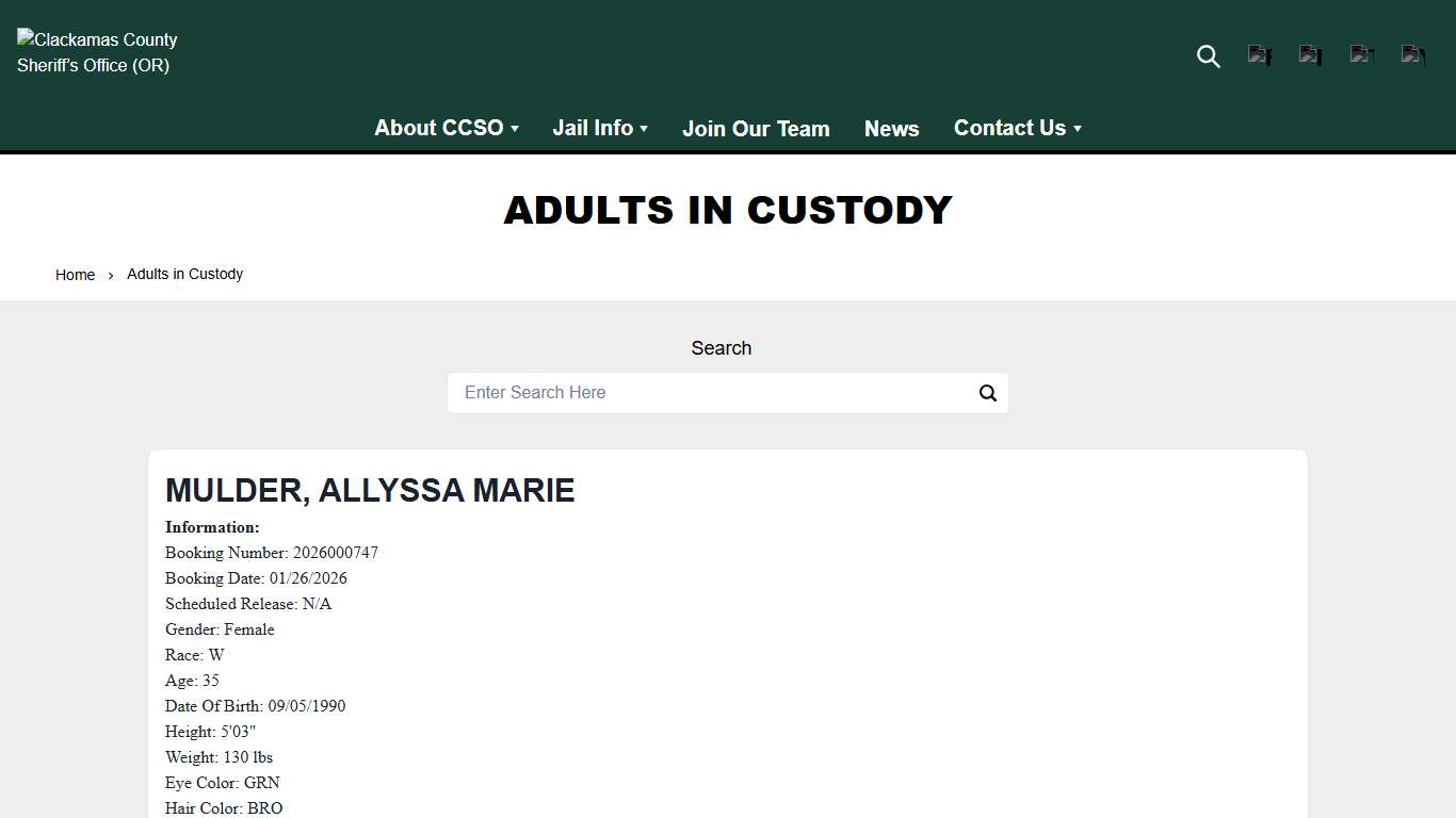 Adults in Custody Clackamas County Sheriff’s Office (OR)